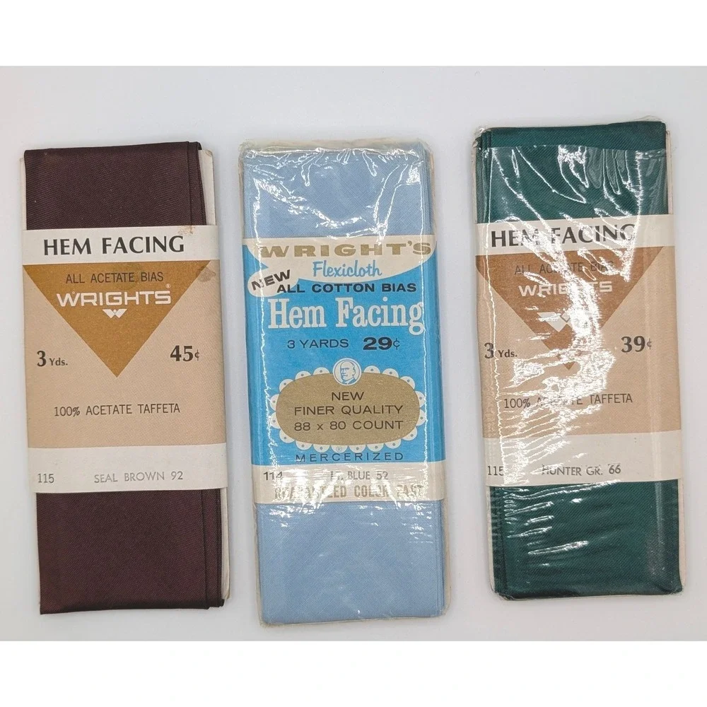 Vintage Wrights Hem Facing Lot 3 Pkgs Cotton Acetate Bias Tape Brown Blue Green